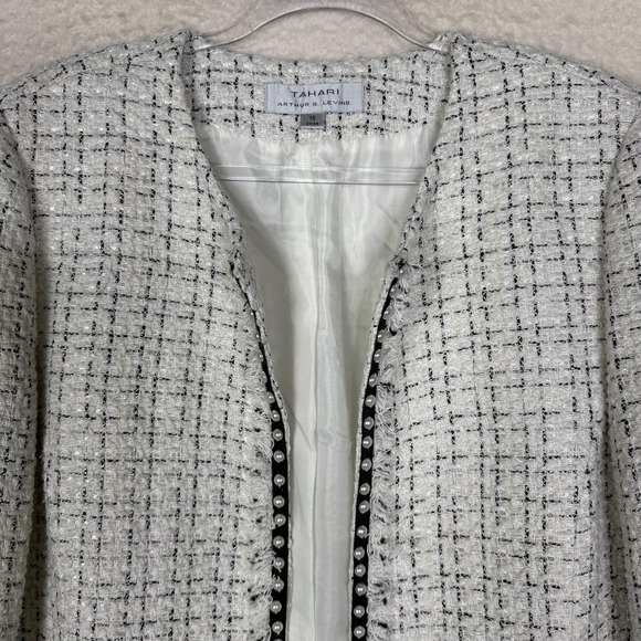 Tahari Arthur S Levine Jacket Womens 16 White Black Tweed Pearl Trim Open Front - Picture 4 of 10